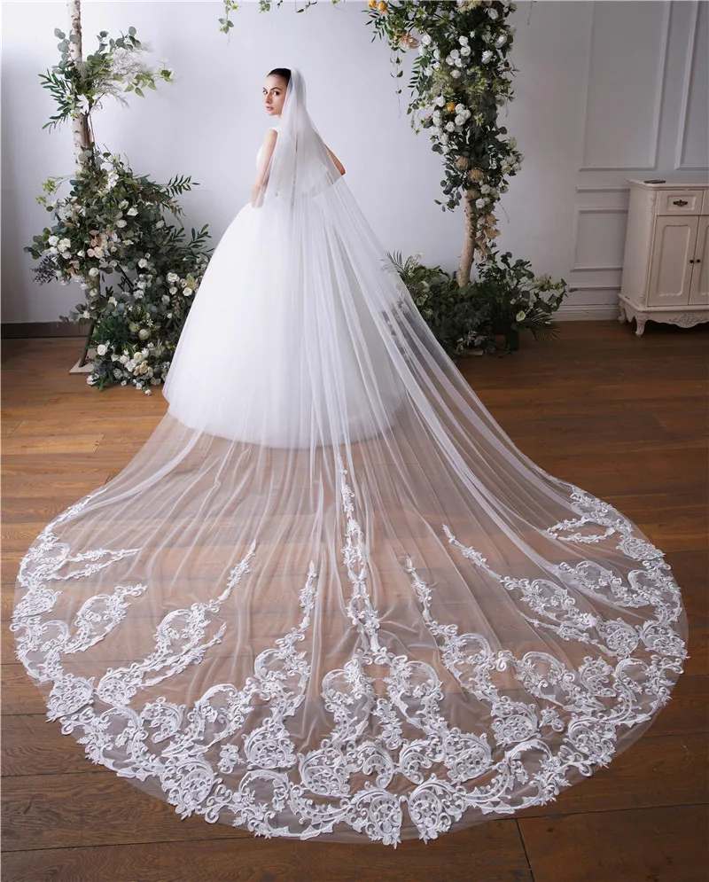 

300cm*350cm White Ivory Wedding Veils Bridal Veil One Tier with Comb Lace Applique Cathedral Women Headpiece Bridal Accessory