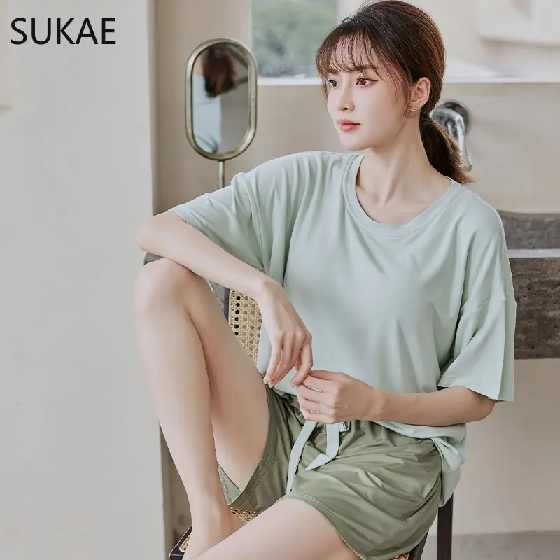 SUKAE Casual Modal Summer Shorts for Women Elastic Leisure Homsuit Woman's Pajamas Set Solid Korean Minimalist Style Lady Pijama