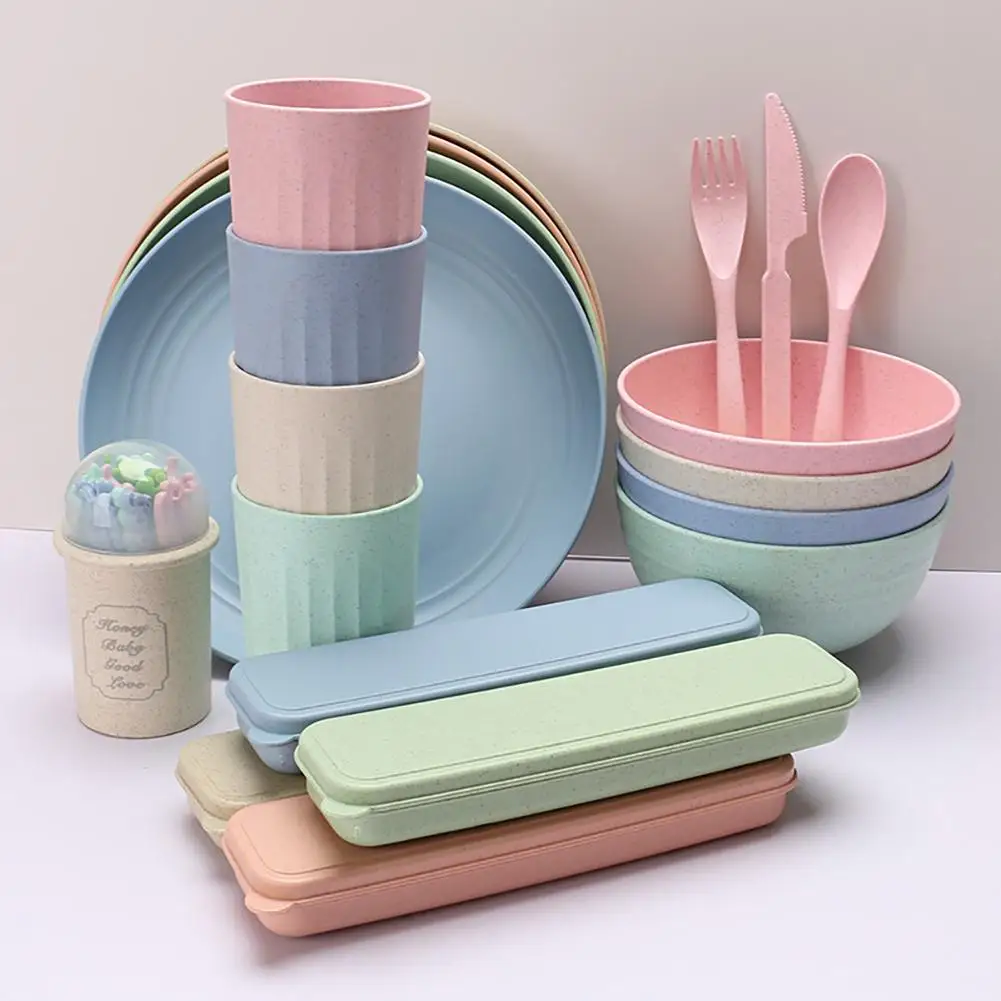 

29PCS Wheat Straw Tableware Bowls Cups Plates Cutlery Eco-friendly Kitchen Fork Spoon Chopsticks Lightweight Dinnerware Sets