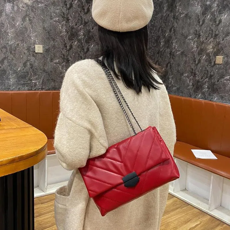 Embroidery Thread PU Leather Crossbody Bags for Women Fashion Chain Messenger Shoulder Bags Female Large Capacity Brand Handbag