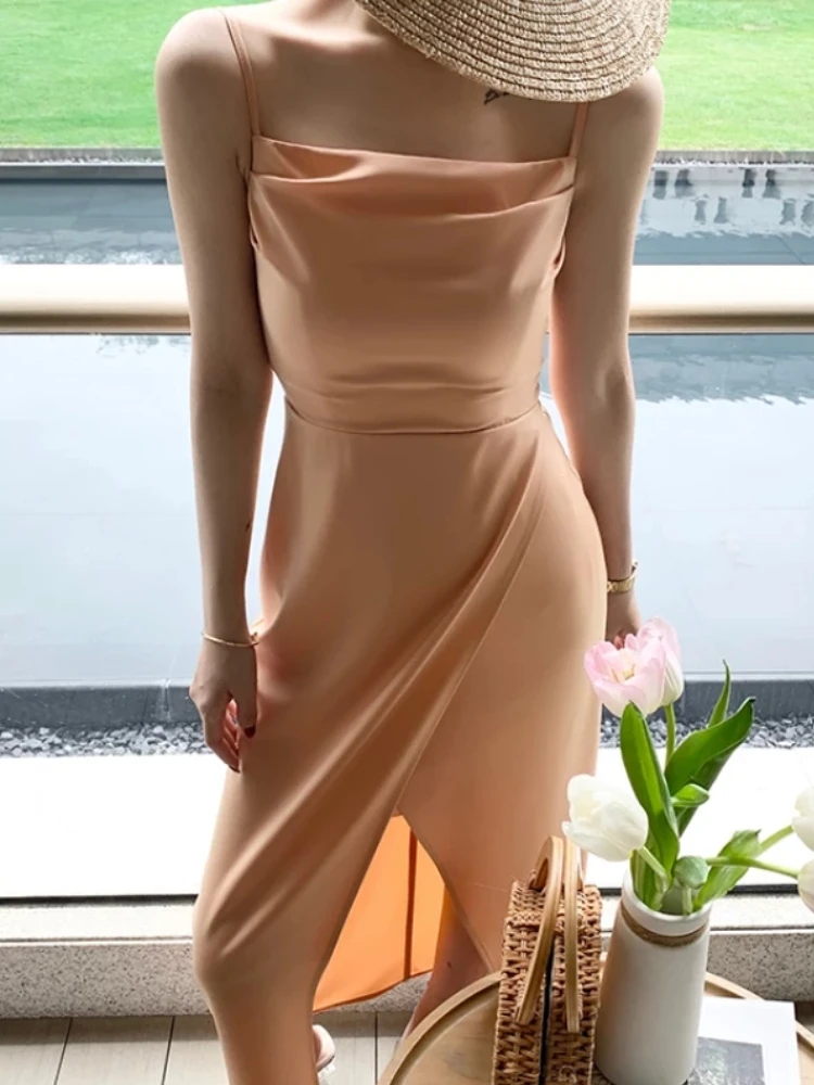 

Женское облегающее платье на бретелях-спагетти, однотонное Привлекательное платье миди с разрезом, праздничная пляжная одежда, лето 2022
