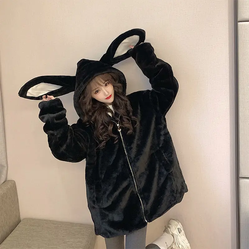 

Mid-long New Student Cute Bunny Ears Warm Loose Jacket Women's Hooded Plush Thick Coat