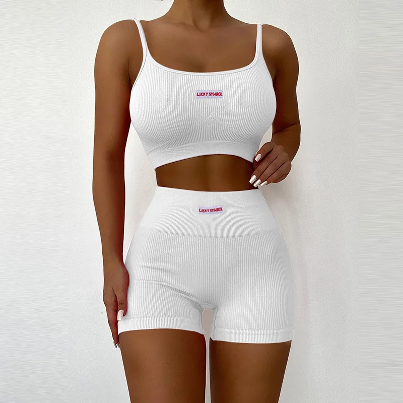 

Women Sports Two-piece Running Set Summer Ribbed Knit Tracksuits Female Sleeveless Straps Crop Tops+High Waist Shorts Female Set