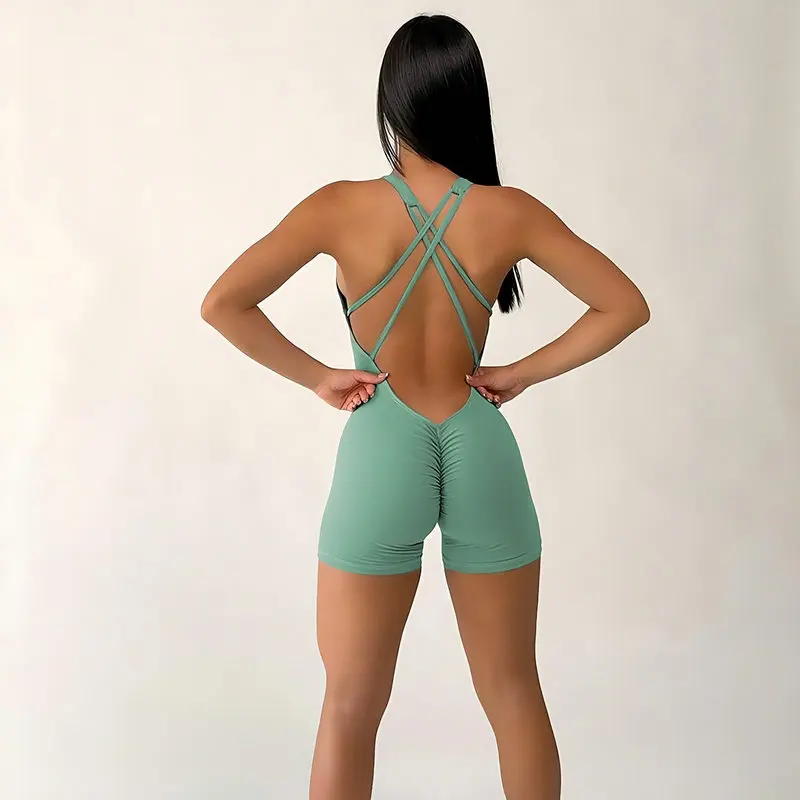 

Short Jumpsuit Playsuit Women Sexy Sports One-piece Overalls Fitness Suit Backless Cross Romper Bodysuit Slim Yoga Gym Wear