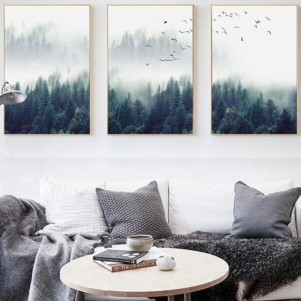 

Green Landscape Misty Forest Tree Birds Wall Poster Canvas Paintings Nordic Scenery Wall Art Pictures For Living Room Home Decor