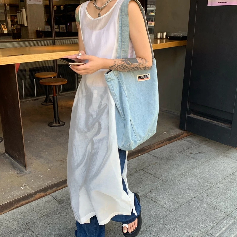 

High Street Fashion Casual Thin White Sleeveless Dress Women 2022 Summer New Loose Chic Split All-match Mid-Length Dress
