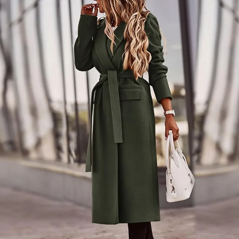 

Long-sleeved Women's Coat Jacket Lapel Coat Solid Color Belt Work Coat Jacket Keep Warm Waist Waist Slim Veste Femme Fall/winter