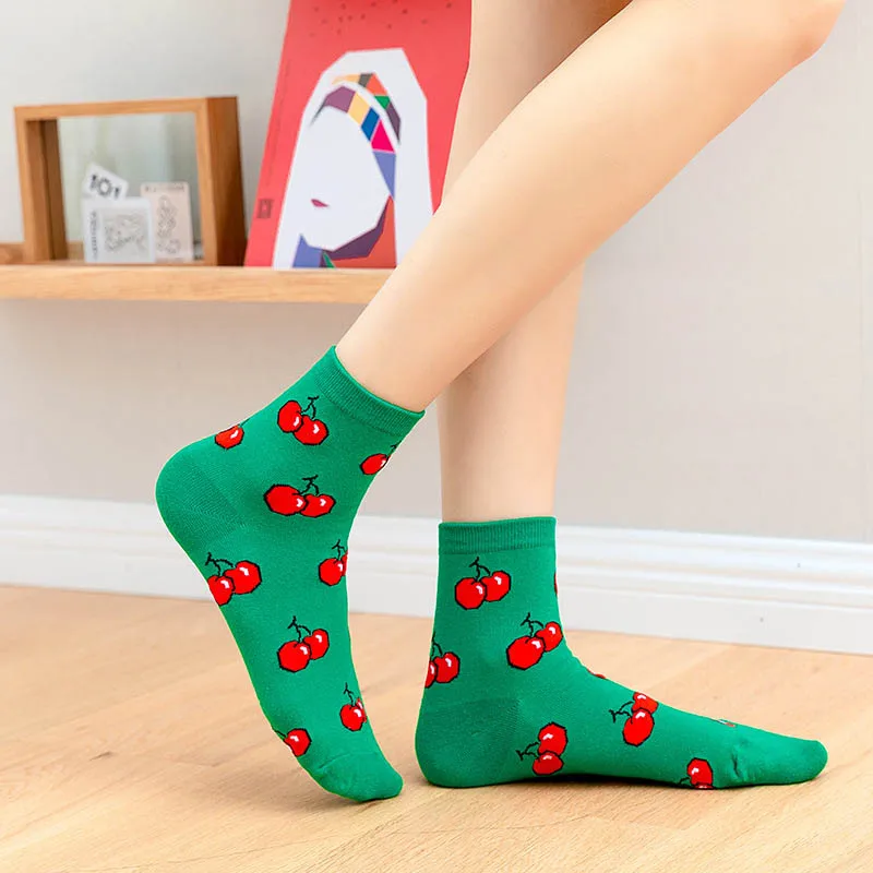 

Women Funny Socks Spring Autumn Cartoon Fruits Socks Banana Cherry Peach Strawberry Print Cotton Sock Harajuku Casual Socks
