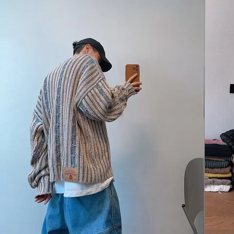 Осенний полосатый вязаный свитер для мужчин корейская мода уличная одежда