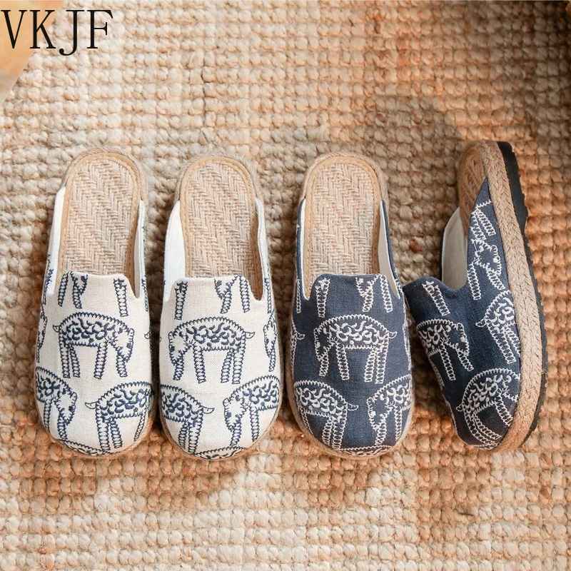 

Женские холщовые шлепанцы без задника, удобные повседневные шлепанцы в стиле девушки Мори, с животным принтом, обувь на плоской подошве с за...
