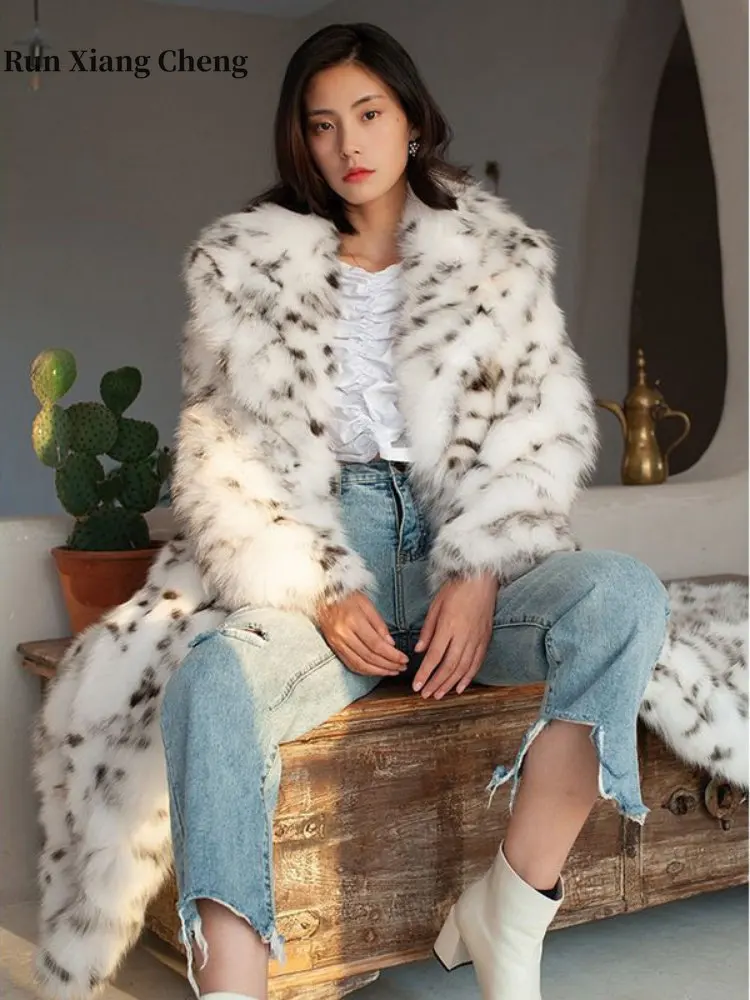 Women's Winter Jacket 2023 New Leopard Print Luxury Designer Women's Plush Jacket Long Chic and Elegant Faux Fox Fur Coat Women