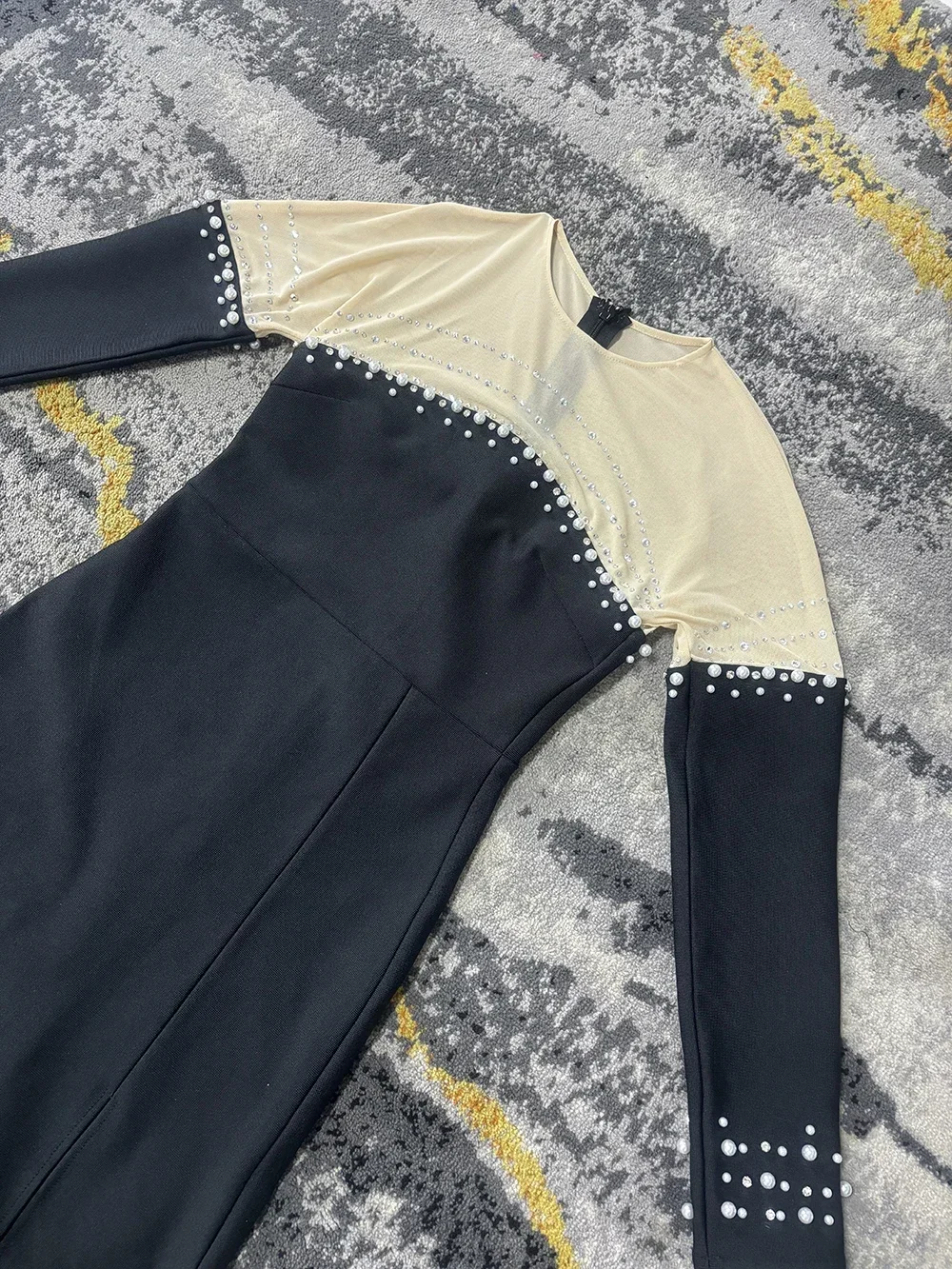 GPBD 2024 осеннее новое облегающее платье с жемчугом и кристаллами женское лоскутное