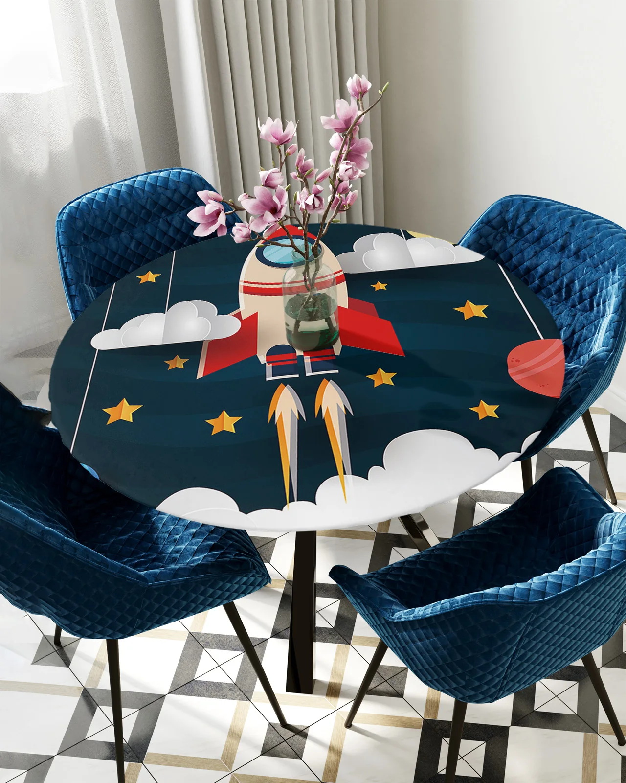 

Outer Space Cartoon Cute Spaceship Rocket Round Rectangle Waterproof Elastic Tablecloth Home Kitchen Table Cloth Table Cover