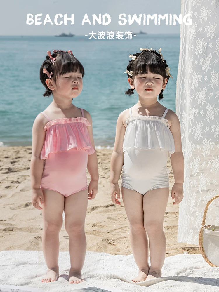 

Girls Swimsuit One-Piece Summer New Baby Cute Wavy Lace Children's Quick-drying Knitted Swimming Suit