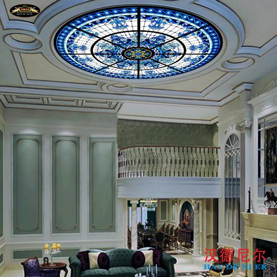 

Villa Club large living room round flat dome European retro classic blue and white color church art glass