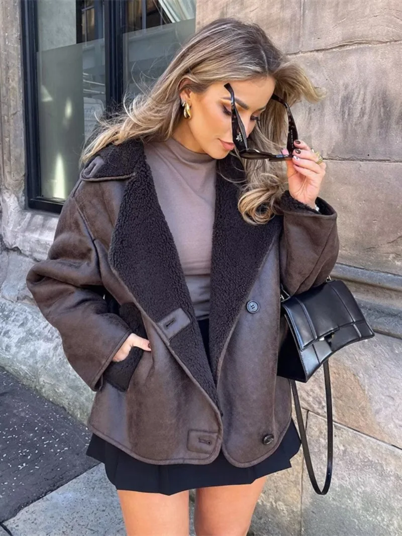 

Женская куртка с искусственным мехом, Повседневная однобортная теплая мотоциклетная куртка в стиле пэчворк, Осень-зима 2023