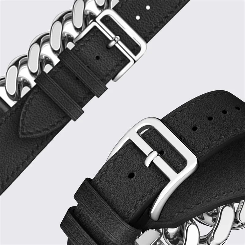 Logo Genuine Gourmette Metal Double Tour Strap For Apple Watch Band Ultra 49mm 44mm 45mm Leather Loop iWatch 42mm 41mm 38mm 40mm