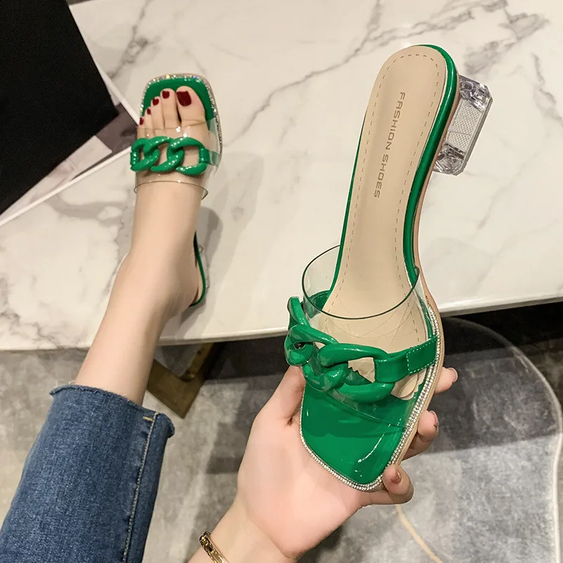 

Shoes Woman 2022 Low Slippers Casual Square Toe Pantofle Heeled Mules Luxury New High Summer PVC Scandals Fabric Basic Rome Rubb