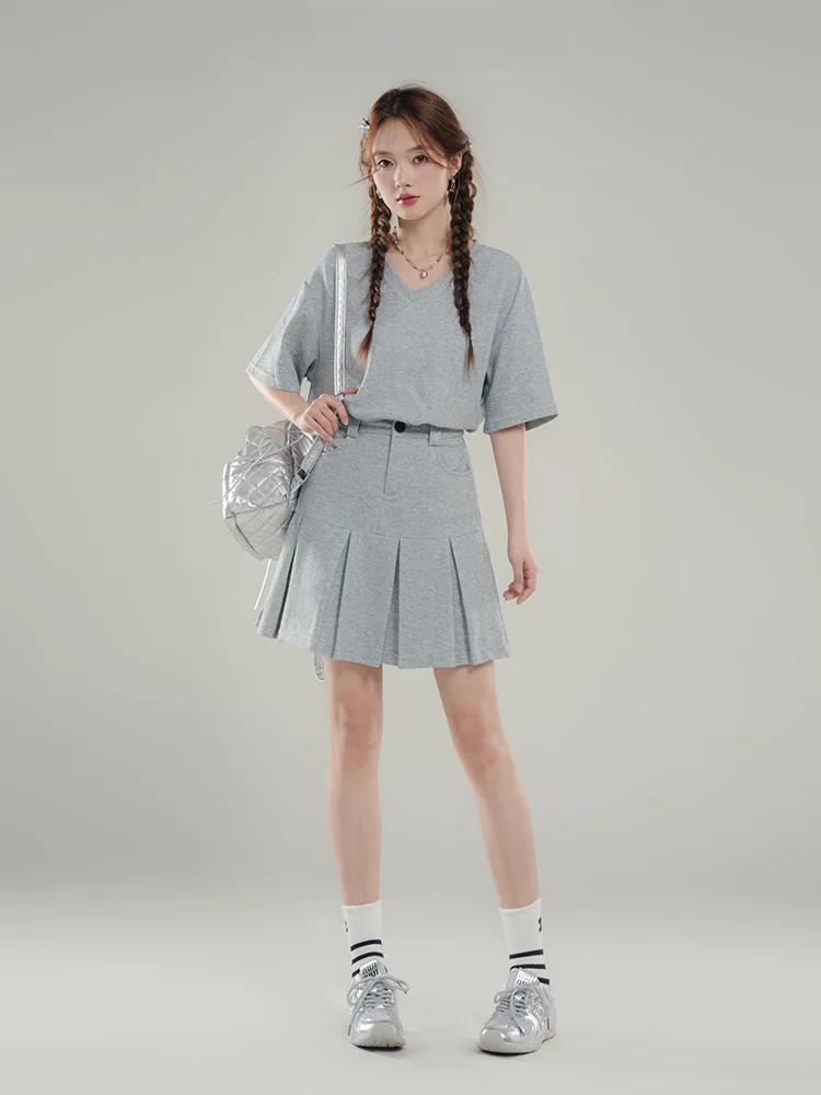 Loveheynew Fashion Idle Sle Dress Outfit Women Summer V-neck Slimming Short sleeve T-shirt Skirt Two-piece Set |