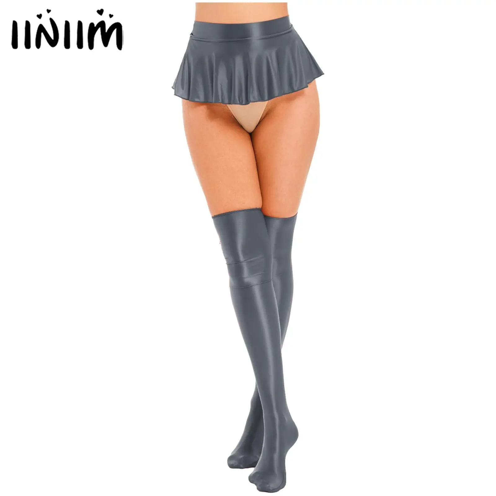 

Womens Bikini Bottoms Cover Ups with Thigh High Stockings Glossy Ruffled Skirt Rave Outfit Low Rise Miniskirt for Pole Dancing