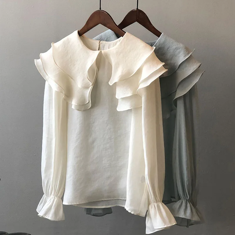 

Однотонная шифоновая женская блузка, летняя, новый дизайн, 2022, с оборками, на шее, с расклешенными рукавами, элегантная Офисная Женская верхн...