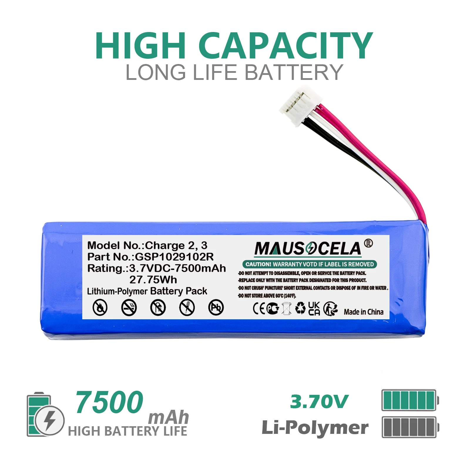 Фото Аккумулятор для колонок JBL 7500 мАч: GSP1029102R, P763098, Charge2+, Charge 2 Plus, Charge 3 2015, Charge 3 2015 Version, Charge 2, +Toolkit №1