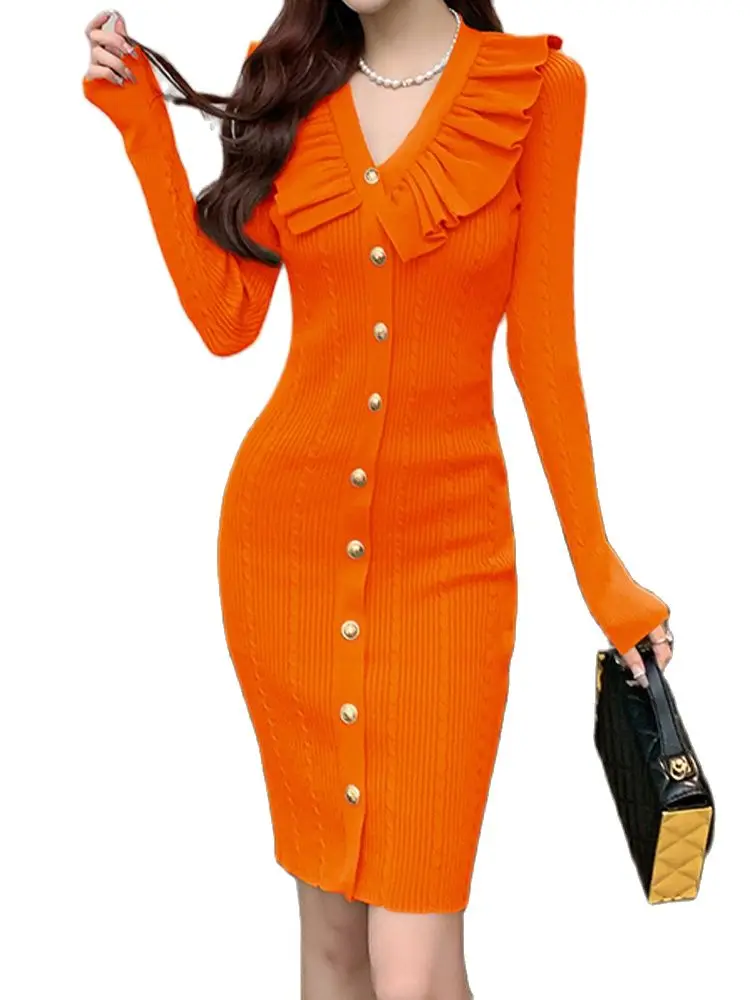 

Temperament V-Neck Knitted Dress Slim Fit Slim Dress 2022 Autumn New Korean Fashion Women'S Clothing