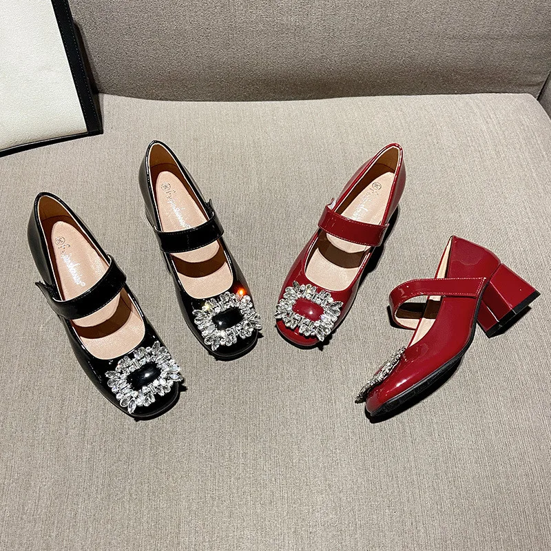 

Casual Woman Shoe Buckle Female Footwear Crystal Square Toe On Heels Summer New Dress Rhinestone Big Size Basic Neutral Mary Jan