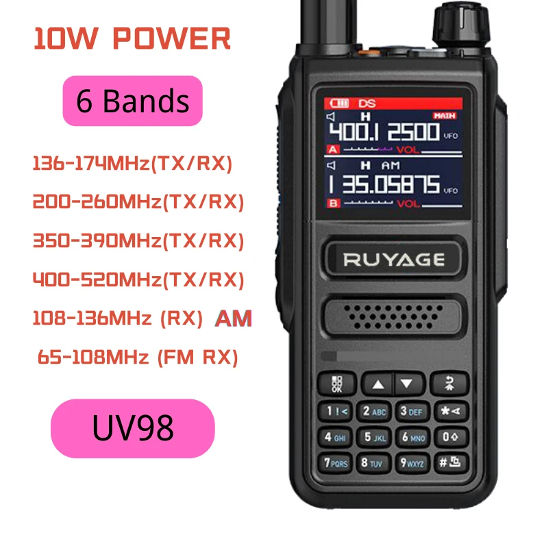 Ruyage UV98 Amateur Ham Two Way Radio 256CH 10W Walkie Talkie Air Band Full Band 108-520MHz Police Scanner Marine Talkies