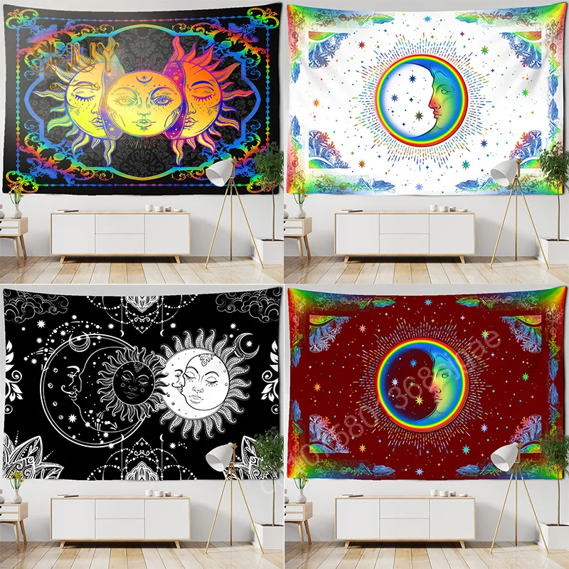 

Белый, черный, красочный гобелен с изображением солнца, Луны, мандалы, Настенный Коврик в стиле хиппи, настенные ковры, декор для спальни, настенный гобелен