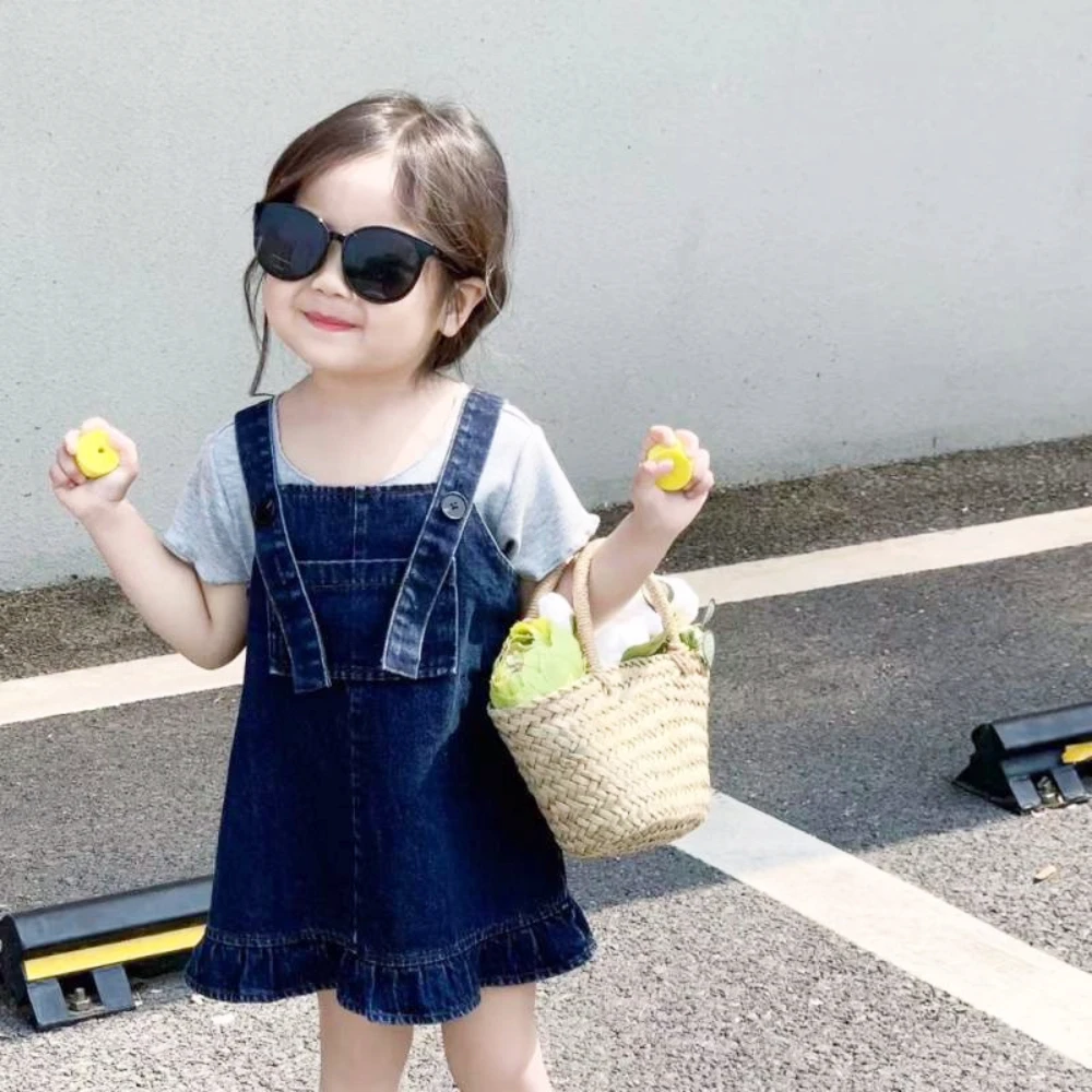 Girls Dress Denim Skirt Baby Girl Summer Casual Short-sleeved Vest + Suspender Skirt New Children's Clothing