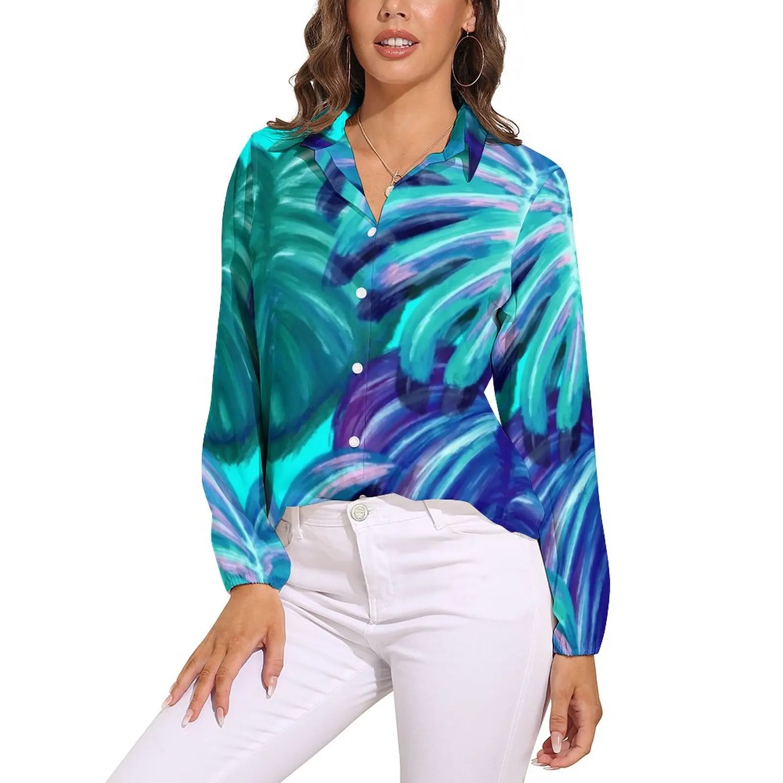 

Watercolor Tropical Blouse Palm Springs Neon Cute Pattern Blouses Female Casual Shirts Spring Long-Sleeve Oversize Top