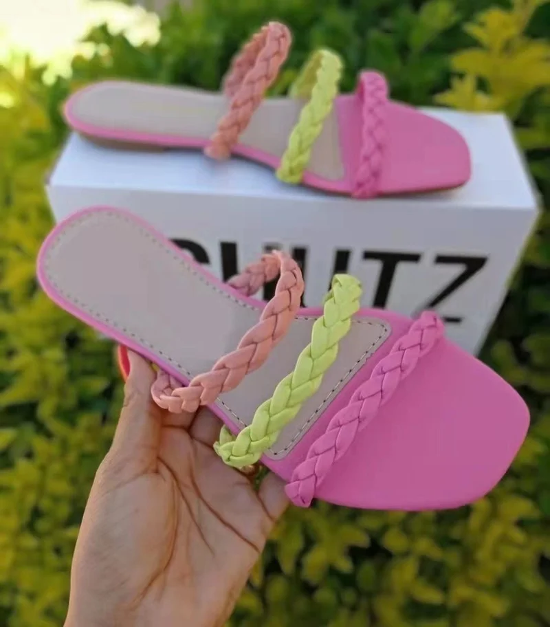 

Женские туфли 2022, летние модные плетеные тапочки на плоской подошве с квадратным носком, женские пляжные сандалии с закрытым носком