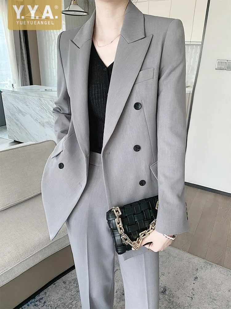 

Женские деловые повседневные Костюмы, двубортные блейзеры, брюки с высокой талией и широкими штанинами, комплект из двух предметов, модная Офисная Женская одежда, новинка