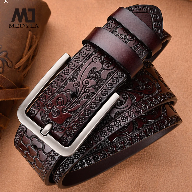 MEDYLA Men's Genuine Leather Belt Official Authentic High Quality Cow Leather Belt Strap Men Belt Carved Craft Leather Belt