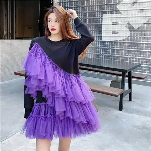 

SuperAen Fashion Korean Design Autumn and Winter Heavy Industry Irregular Mesh Stitching Loose Sweatshirt Dress Woman