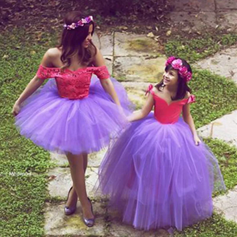 

Princess Cheap Lovely Cute Flower Girl Dresses Purple Mother and Daughter Toddler Long Pretty Kids First Holy Communion Dress