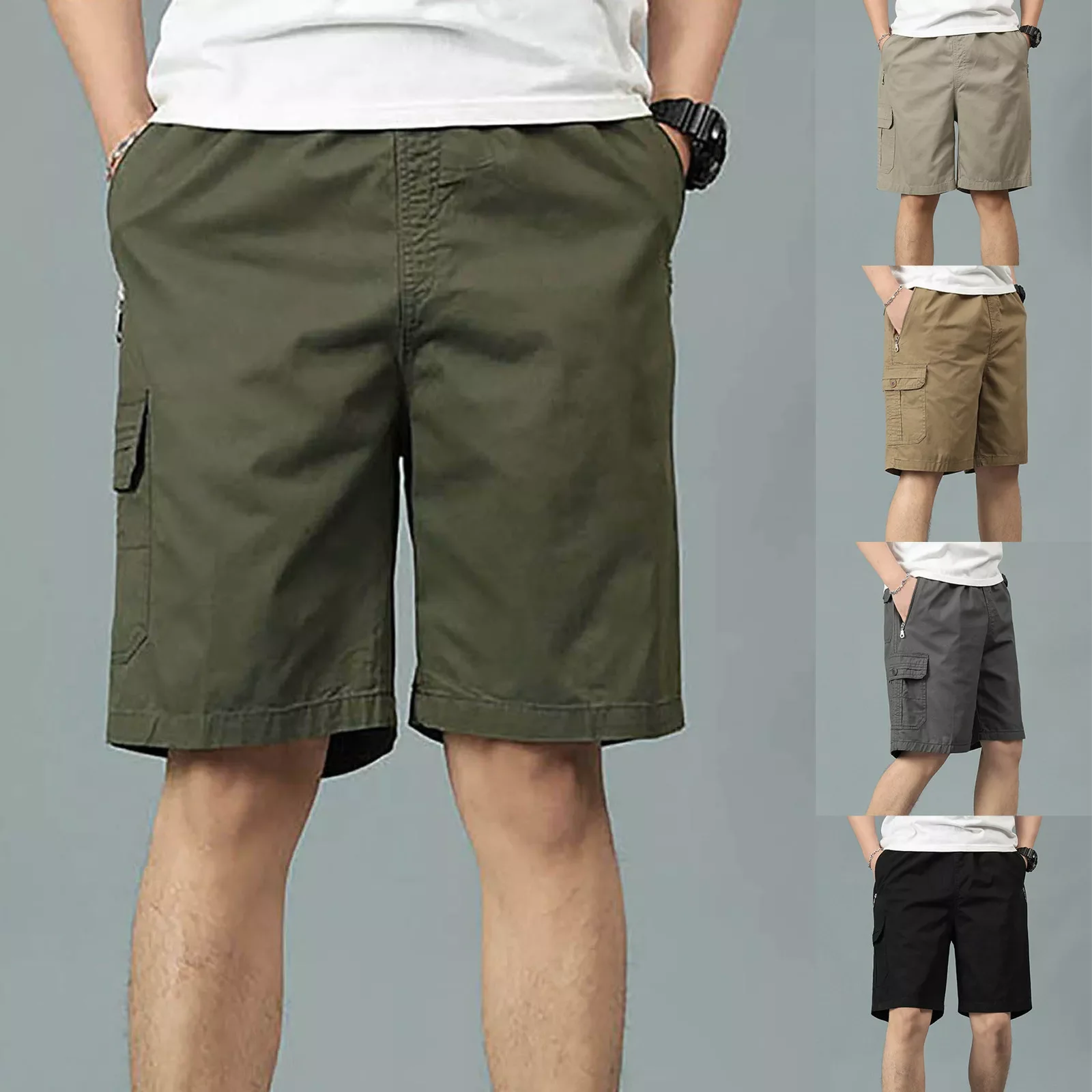 

NEW IN Mens Cargo Shorts Solid Color Loose Mid-waist Cotton Sweatshorts man Summer Running Shorts Multi-pockets Sweatpants