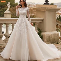 luxury lace appliques beaded scoop neck long sleeves wedding dress robe de mari%c3%a9e chapel train bridal gown vestido de noiva