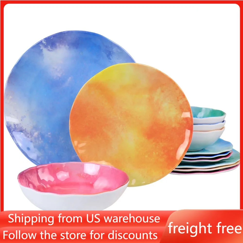 

Обеденный набор, бесплатная доставка, керамические блюда для еды, 12 штук, набор меламиновой посуды в разных цветах, тарелки, тарелки, обеденные наборы