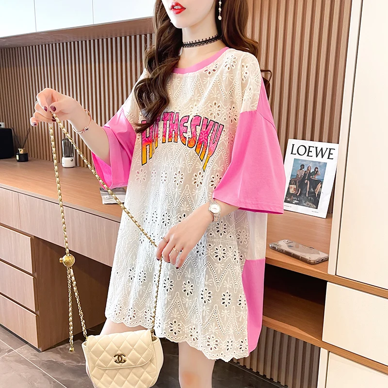 

Summer sexy hollow out stitching short sleeve T-shirt female INS large size women loose fat MM jacket before and after patterns