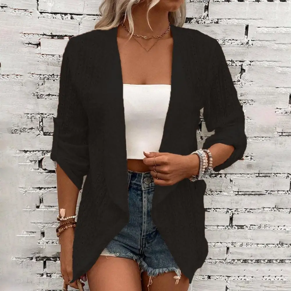 

Women Cardigan Solid Three Quarter Sleeve Irregular Open Stitch Cardigans Spring Fall Loose Breathable Casual Hollow Lady Coat