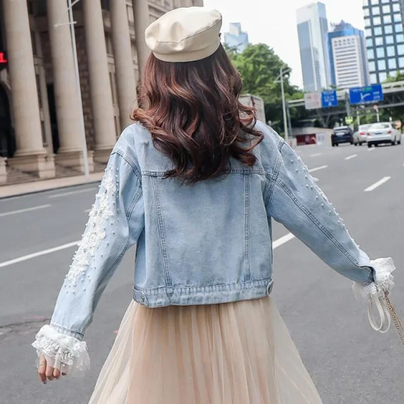 Модный джинсовый укороченный топ с кружевными листьями и бриллиантами короткое