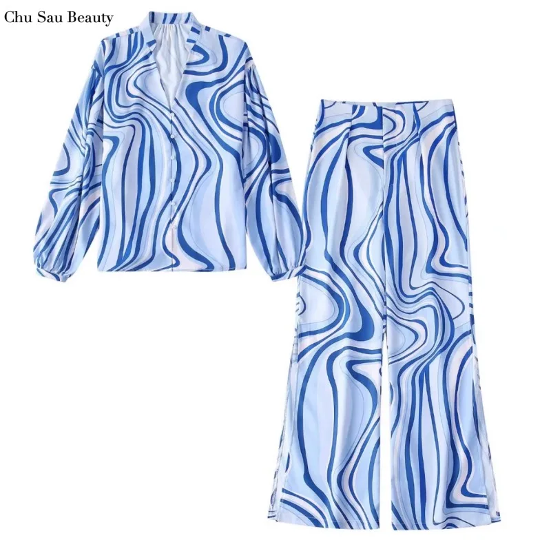 

New Za Women Printed V-Neck Long Sleeve Single Breasted Loose Shirt Fashion High Waist Wide Leg Pants Casual Street Style