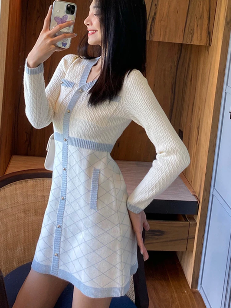 

Elegant Knitted Dress Women Long Sleeve Button Designer Winter Office Mini Sweater Dress Patchwork One Piece Dress Korean 2022