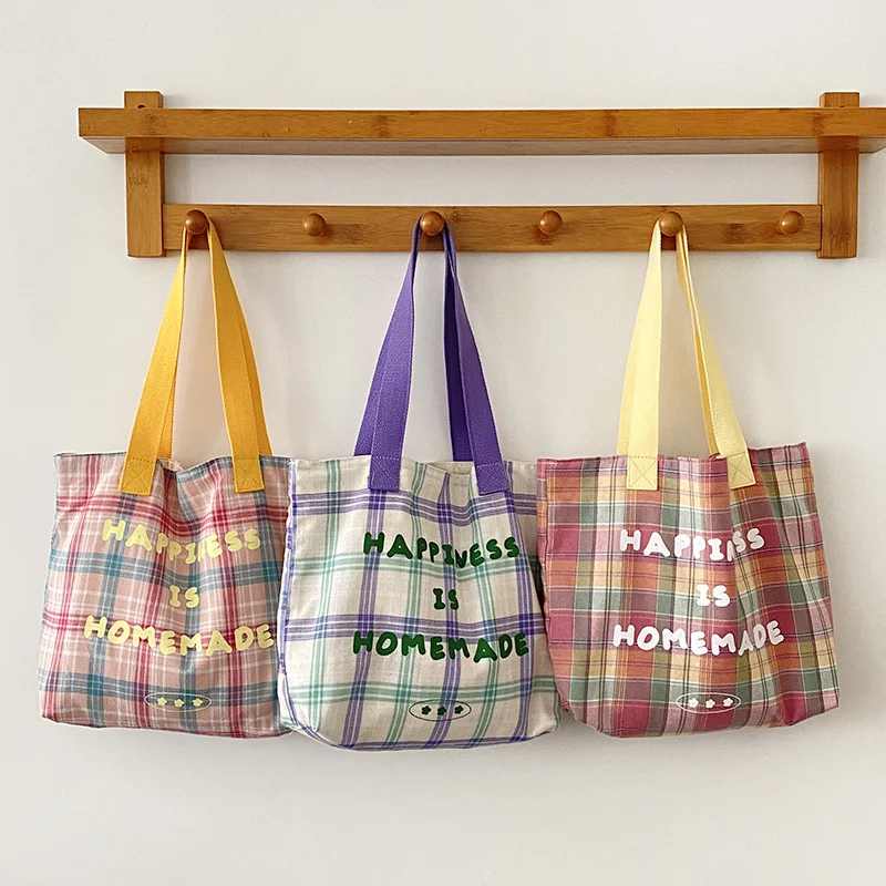 

Korean Plaid Single Shoulder Bag Women Casual Tote Bag Large Capacity Female Cute Handbag Student Book Shoulder Bags Green Pink
