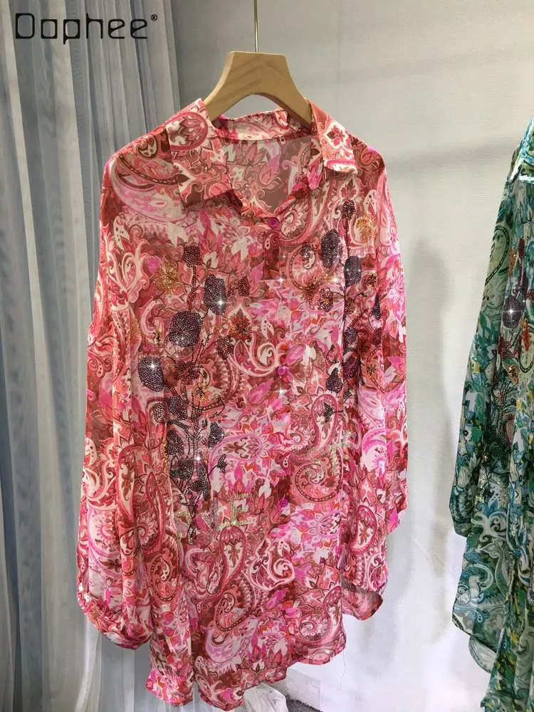 

Heavy Industry Rhinestone Blouse Women 2023 Spring Summer Fashion Printed Loose Mid-Length 3/4 Sleeve Sun Protection Shirt Top