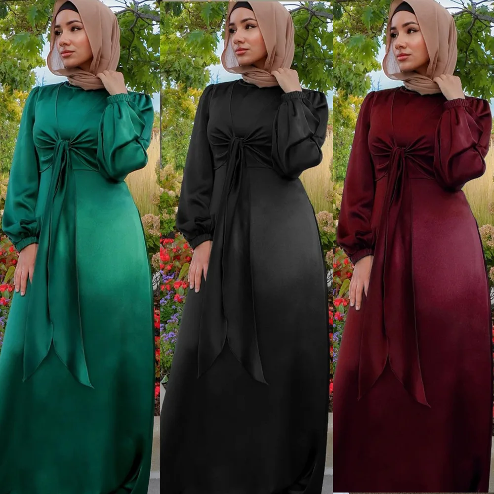 Женское длинное мусульманское платье Abaya для женщин, туника, марокканский кафтан с поясом, скромный атлас, ИД Мубарак, Дубай, 2022 яркая Женска...