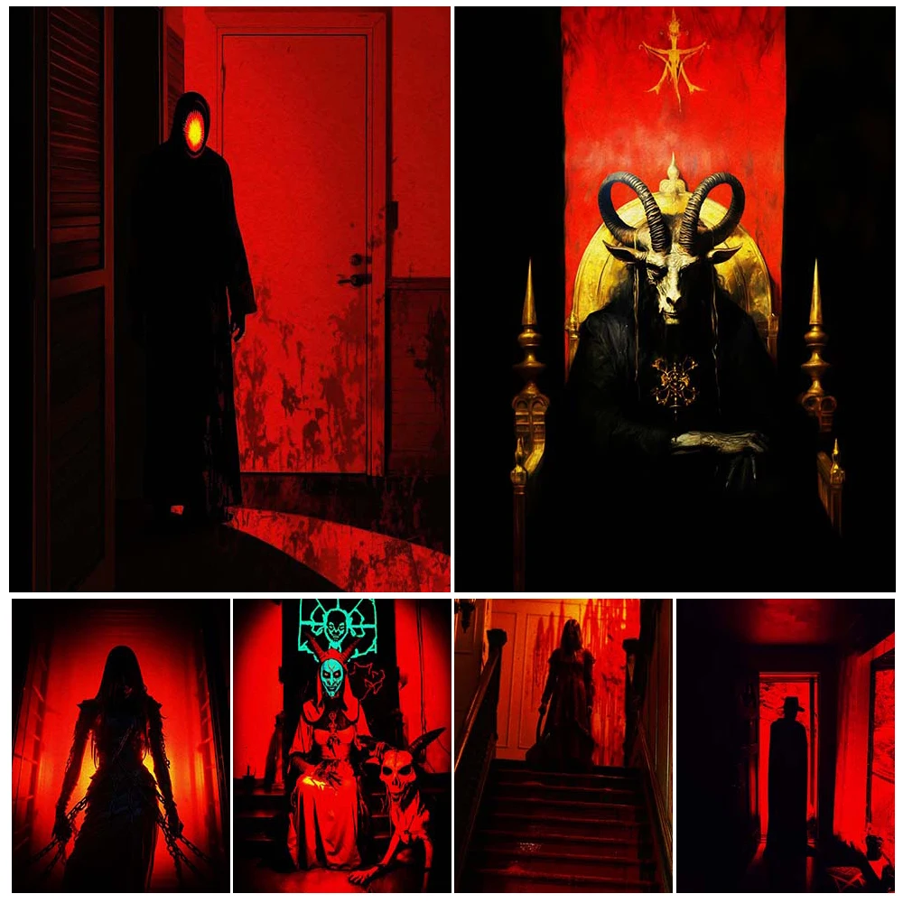 

Satan At Gate Of Hell Gothic Vintage Wall Art Canvas Painting Baphomet Enthroned Pagan Witchcraft Art Poster Print Home Decor