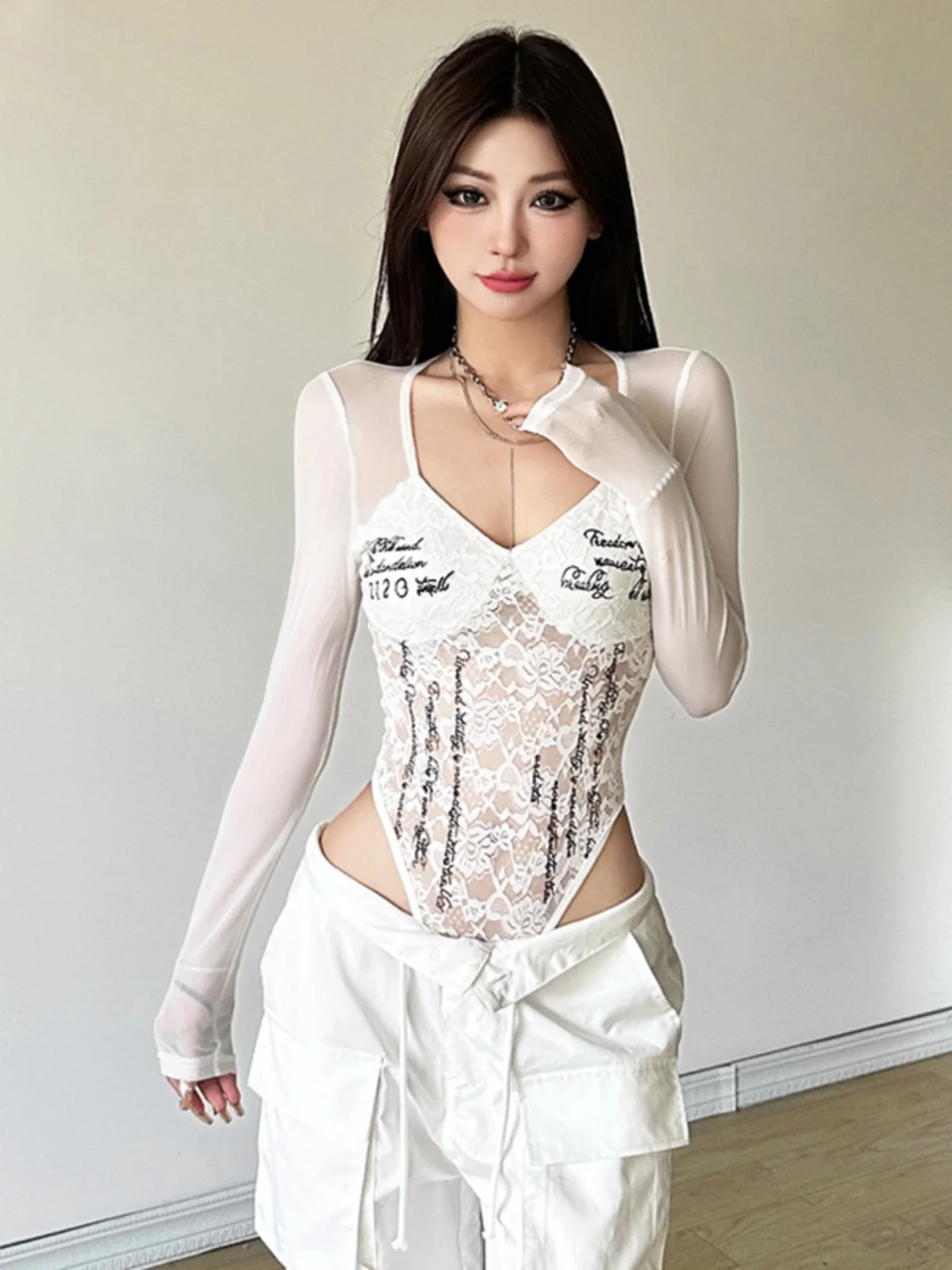 Sylcue Pure Desire Сексуальная кружевная рубашка с длинными рукавами и принтом Gyaru